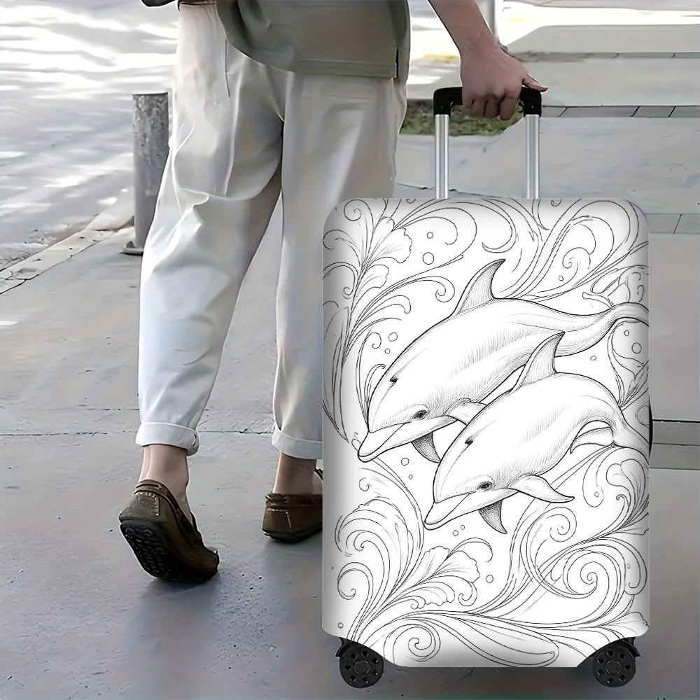 1PC Dolphin print luggage cover with manual doodle color. Fits luggage sizes 18-32 inches; dust and elastic travel accessories t