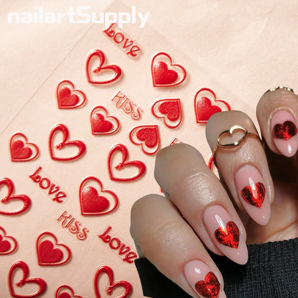 1 Sheet 5D Valentines Day Nail Art Sticker Embossed Red Love Heart/ Kiss Letters Design Decals Manicure DIY Decoration Sliders