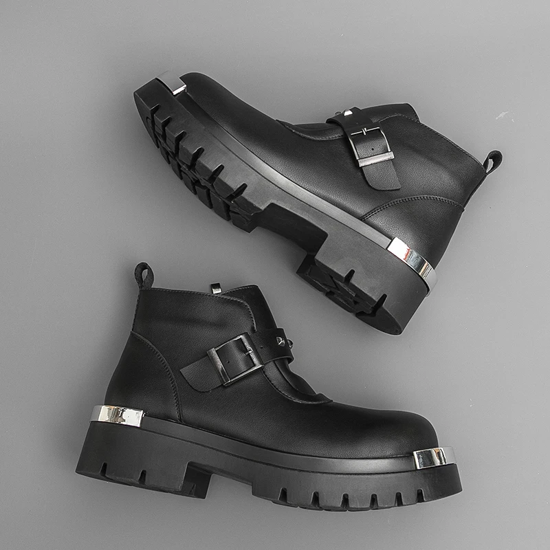 

Мужские осенне-зимние ботинки. Модные и индивидуальные ботинки на толстой подошве. Черные уличные кожаные туфли с высоким берцем для работы или вечеринок.