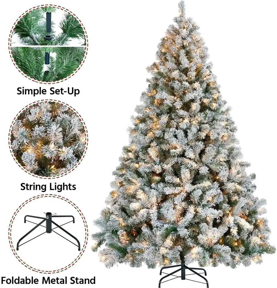 7.5ft Pre-lit Artificial Christmas Tree W/Incandescent Warm White Lights, Snow Flocked Full Prelighted Xmas Tree W/128