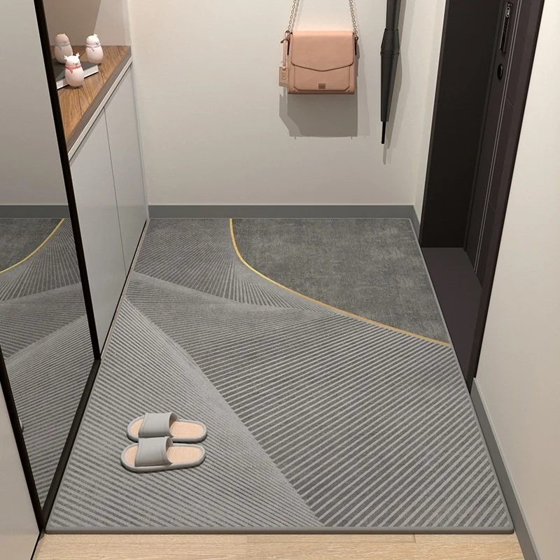 Modern Grey Radial Line Entrance Doormat Golden Curve Border Non Slip Household Entry Floor Mat