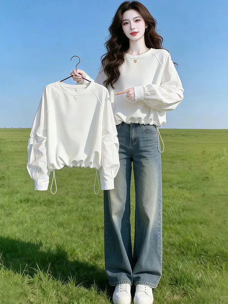 

Versatile Women's Sweatshirt Spring Autumn New Style Drawstring Hem Design Simple Loose Long Sleeve Top White Comfortable Fit