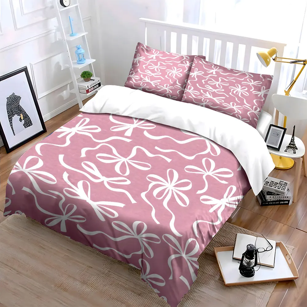Pink background with white bow pattern Print Soft Comfortable Duvet Cover Bedding Set Included 1*Duvet Cover 2*Pillowcases