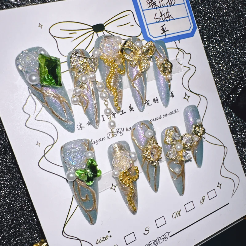Butterfly Dream Press on Nails Iridescent Blue with Pearl Gemstone Elegant Fake Nails for Wedding Party Comfortable Fit
