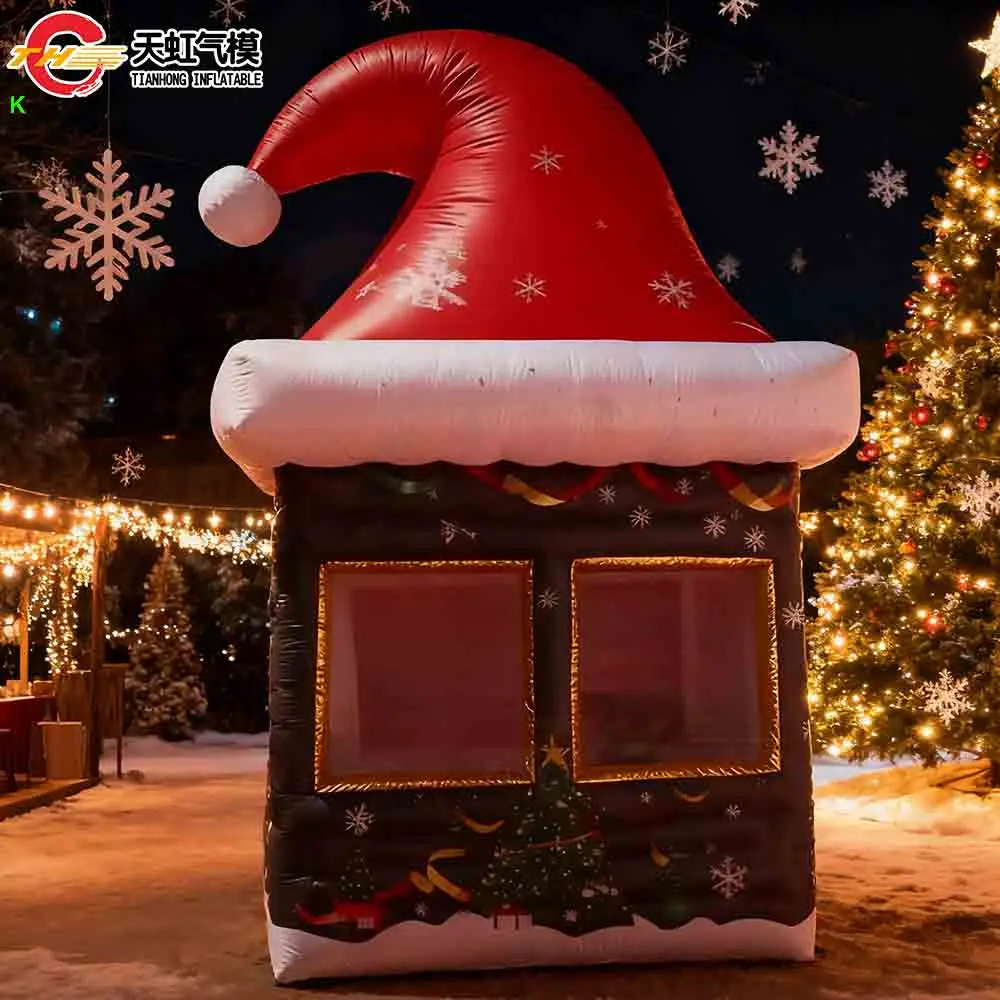 Envío rápido, nuevo diseño, tienda inflable para casa de Navidad, sombrero rojo de Papá Noel, tienda inflable con soplador