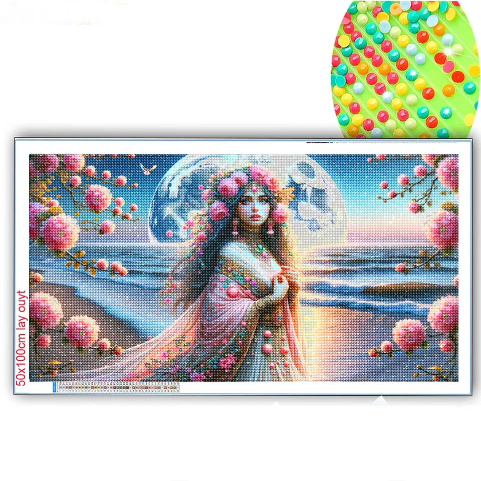 لوحة ماسية خماسية الأبعاد لفتاة على شاطئ البحر مضاءة القمر تطريز فسيفساء ماسية مستديرة بالكامل لتزيين جدران غرفة المعيشة