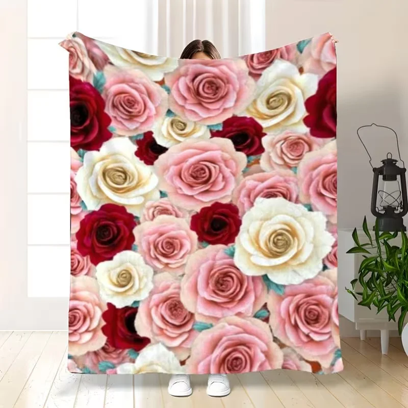 Mixed Red Pink White Rose Full Print Blanket Realistic Blooming Floral Pattern Soft Warm Blanket For Sofa Bedroom Decor
