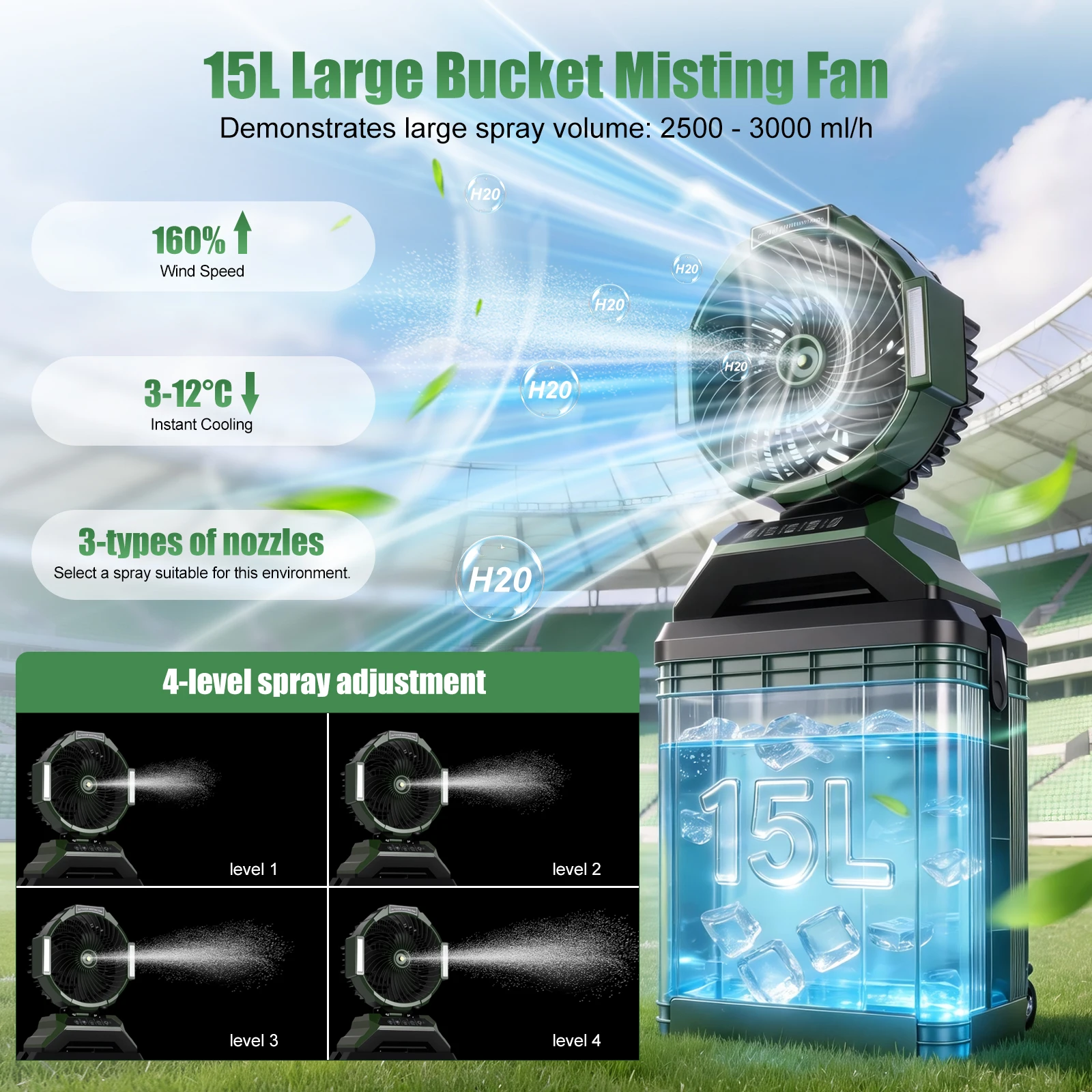 Ventilateur brumisateur de camping extérieur 15L 30000mAh 4 vitesses avec pulvérisation de brume LED et télécommande 45 ° /90 °   Pliant vert pivotant