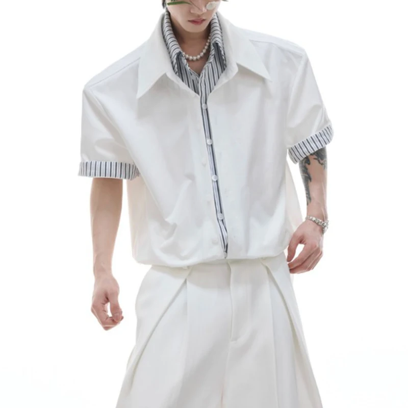 Mens Light Blue Oversized Short Sleeve Shirt Striped Cuff Detail Double Layer Casual Loose Fit Top