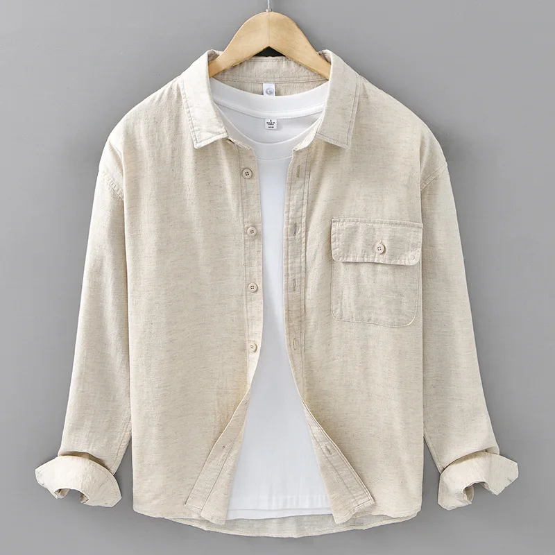 

Мужская рубашка из хлопка и льна в стиле ретро, весна-лето, повседневная, с длинным рукавом, в японском стиле, с карманом, дышащая, для повседневной носки