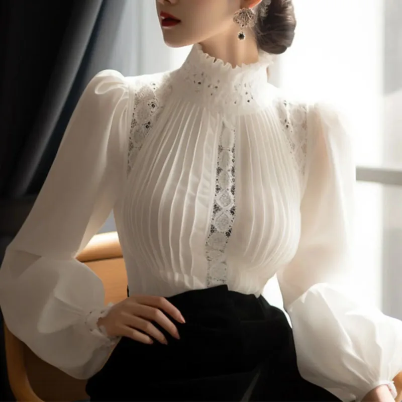 2024 Spring Summer New Style Chic Pullover Shirt Women\'s Fashion Slim White Puff Sleeve Collar Banquet Shirt Tops