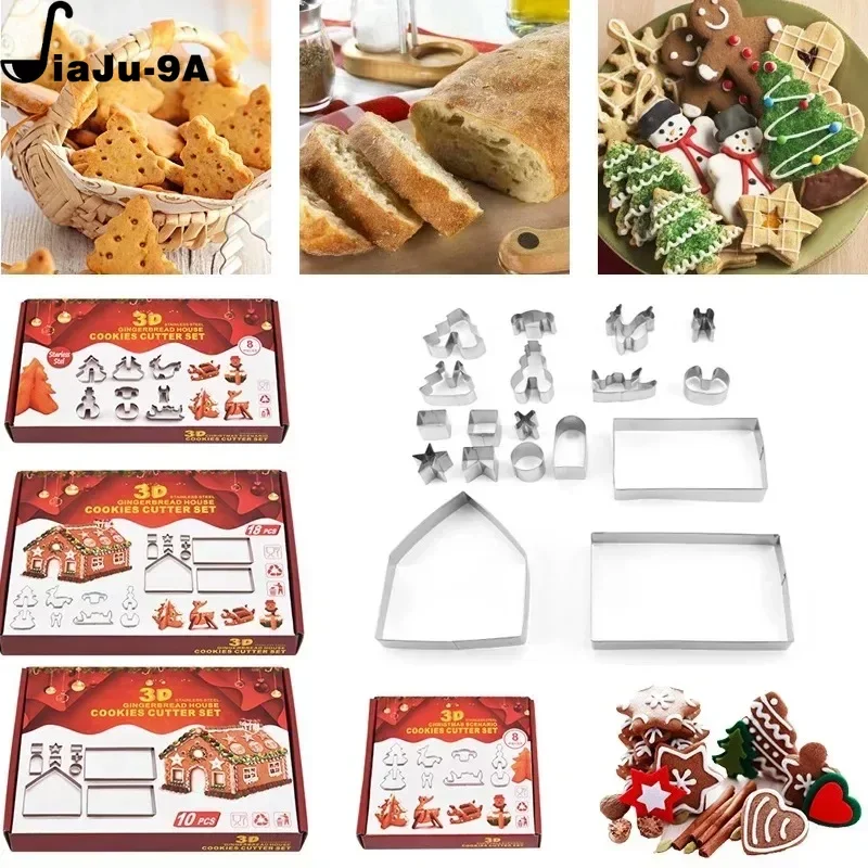 3D Gingerbread House Stainless Steel Christmas Scenario Cookie Cutters Set Biscuit Mold Fondant Cutter Baking Tool Child\'s Gifts