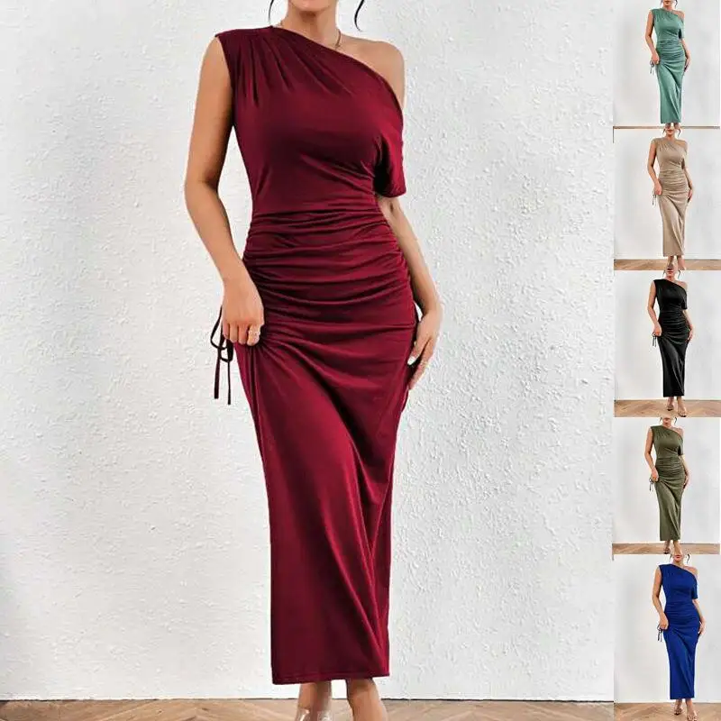 

Sexy Slant oulder One oulder Long Skirt Dr Bodycon Pleated Autumn Season China Origin No Sve Women's Faion Dr
