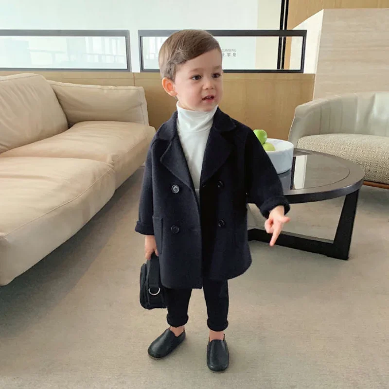 

Baby Boy Trench Coat Lapel Autumn Kids Outerwear Coats Wool Overcoat New Winter Grid Jackets Boys Girl Woolen Double-breasted