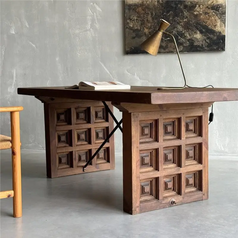 French retro solid wood desk American medieval wabi style old rectangular dining table designer tea table