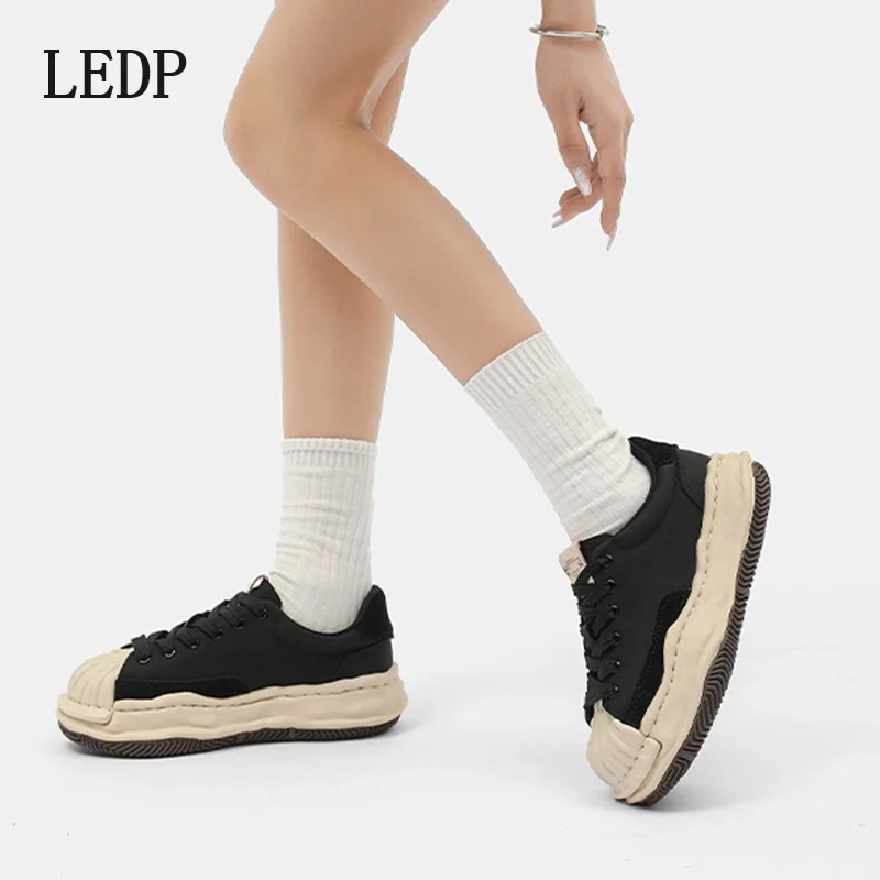 LEDP brand Casual Sports Thick Soles Dissolve Shoes for Women 2024 Autumn Round Head Matching Color Patchwork Leather Shoes