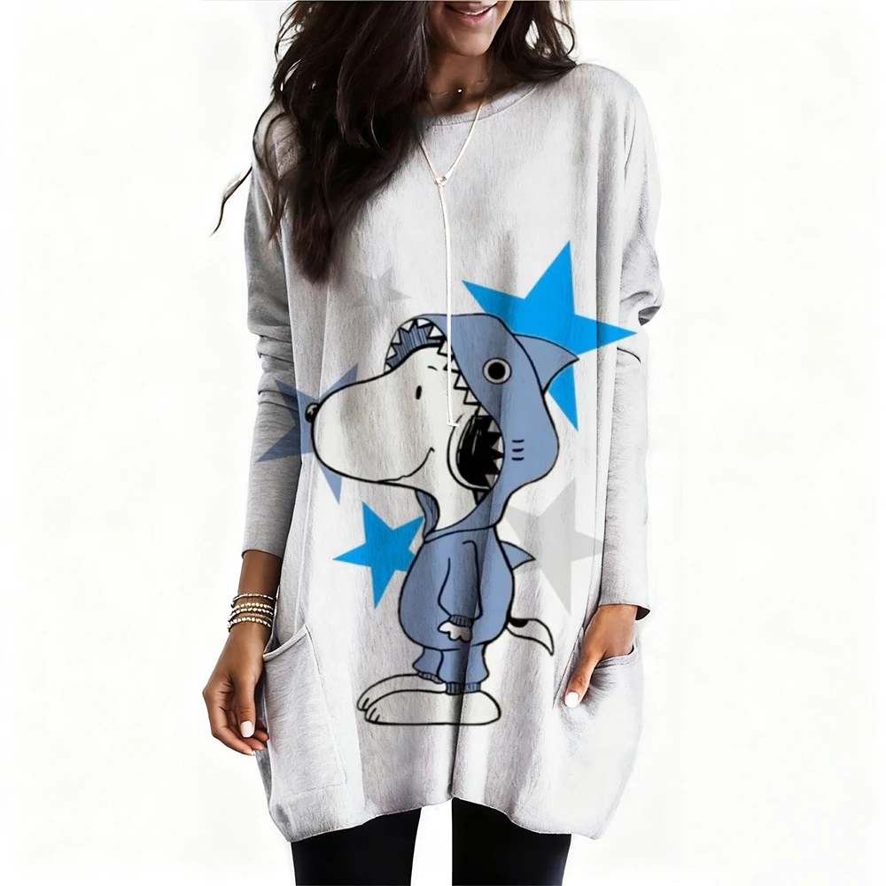 

Винтажные футболки с длинными рукавами с принтом Snoopy, женская модная футболка большого размера, женские футболки, топы, платье Long Falls ﻿
