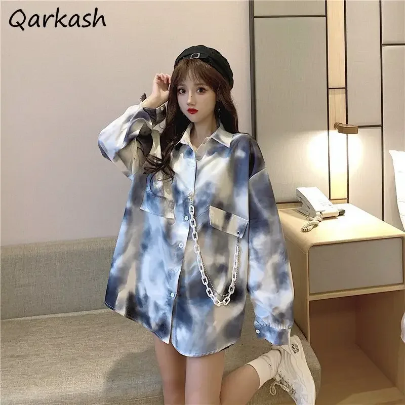 Tie Dye Shirts Women Chain Cool Streetwear Design Loose College BF Style Tops Harajuku Trendy Popular Feminino Ins Clothing Soft