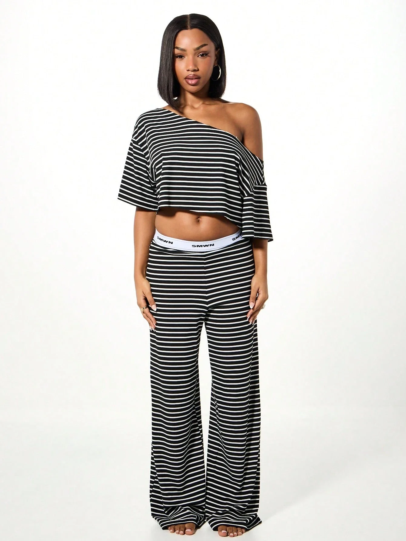 

Striped Elastic Waist Wide Leg Palazzo Lounge Pants Black White Pattern Comfort Relaxed Sleepwear Bottoms
