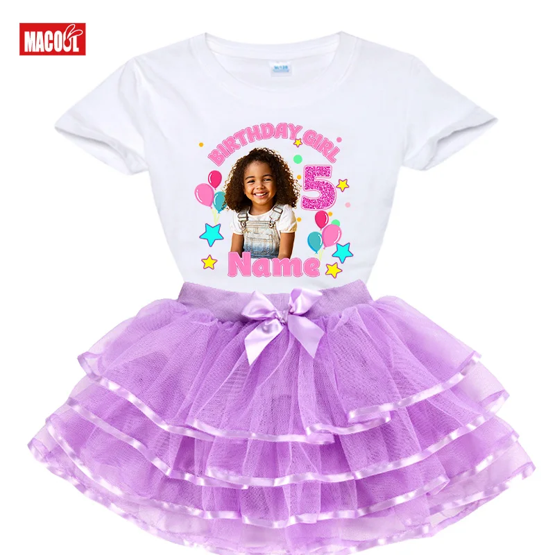 Camiseta personalizada con foto para niña y conjunto de tutú, vestido de fiesta para niñas con personalización del nombre, ropa para el día especial de la niña