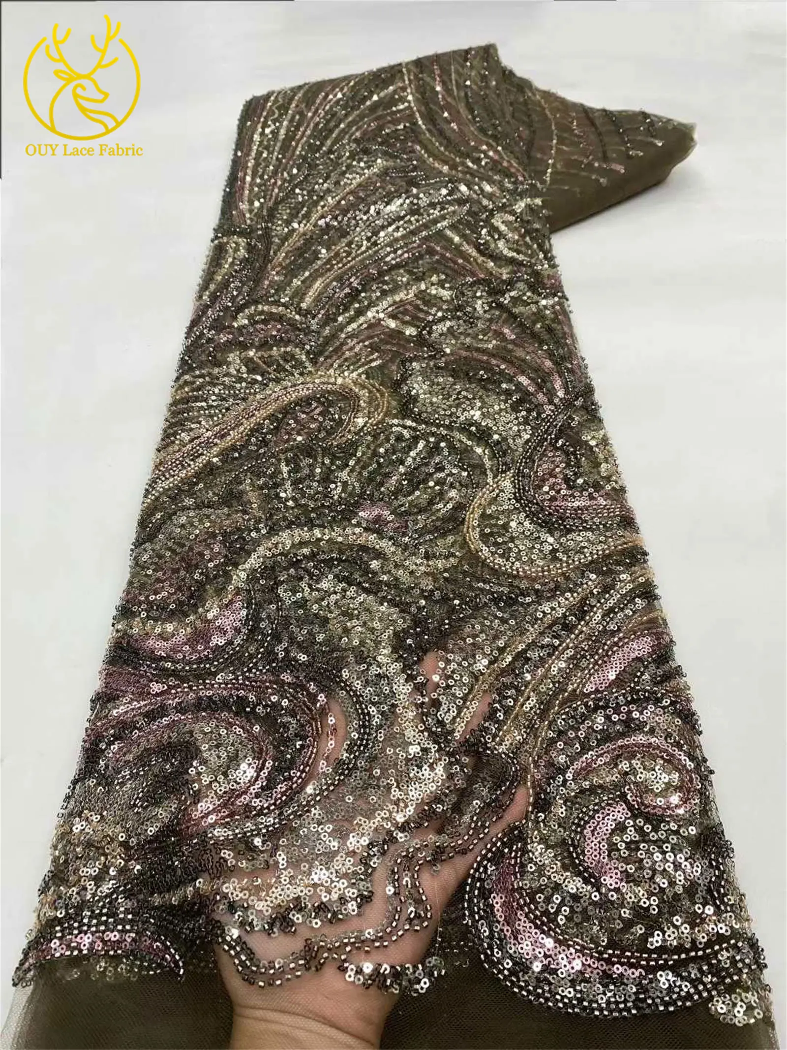 2026 Afrikanischer Perlen-Pailletten-Spitzenstoff, hochwertiger nigerianischer Tüll-Spitzenstoff, geeignet für Hochzeitskleid-Nähmaterial, 5 Yards – Detail 14