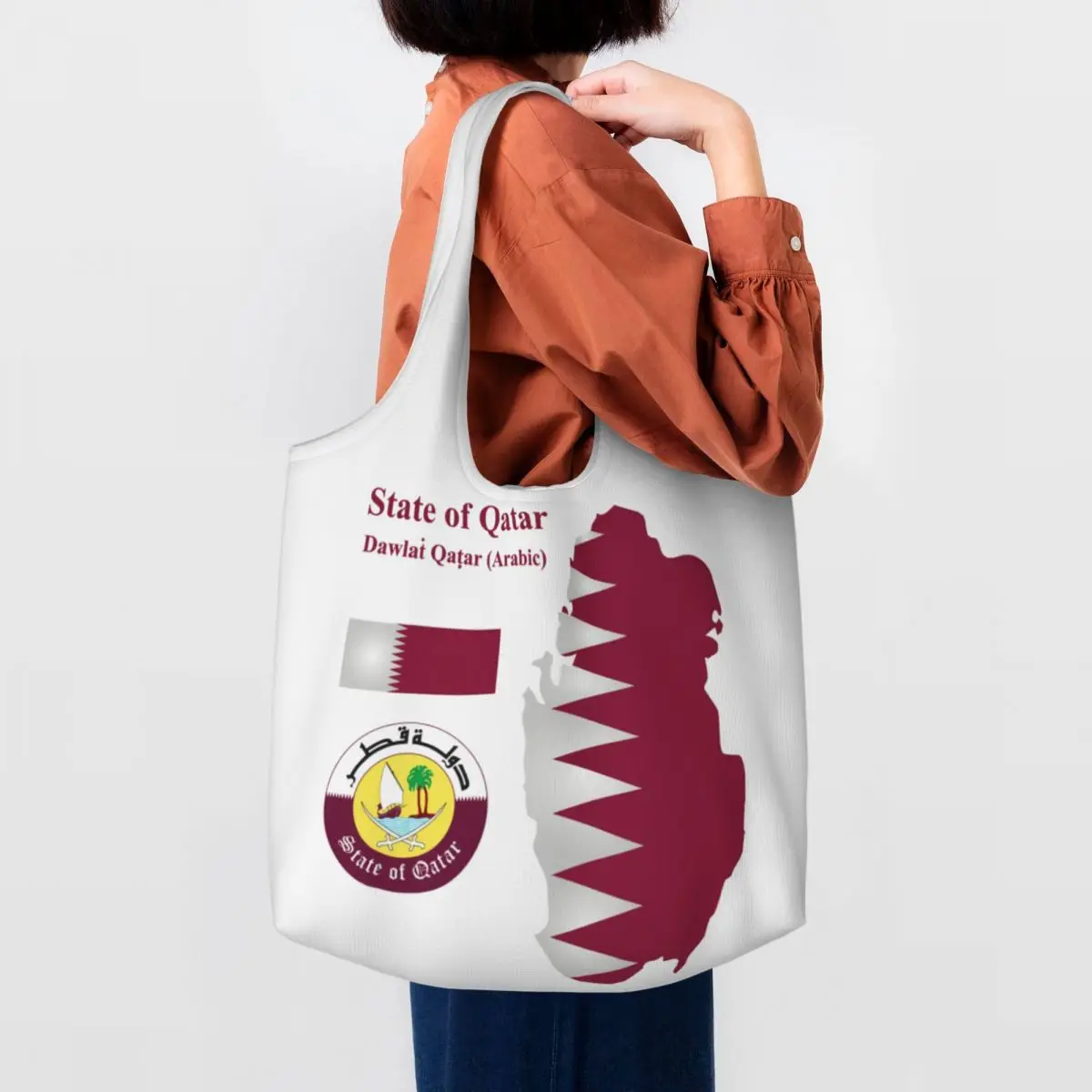 Cute Qatari Flag Shopping Tote Bags Recycling Groceries Canvas Shoulder Shopper Bag Photography Handbags