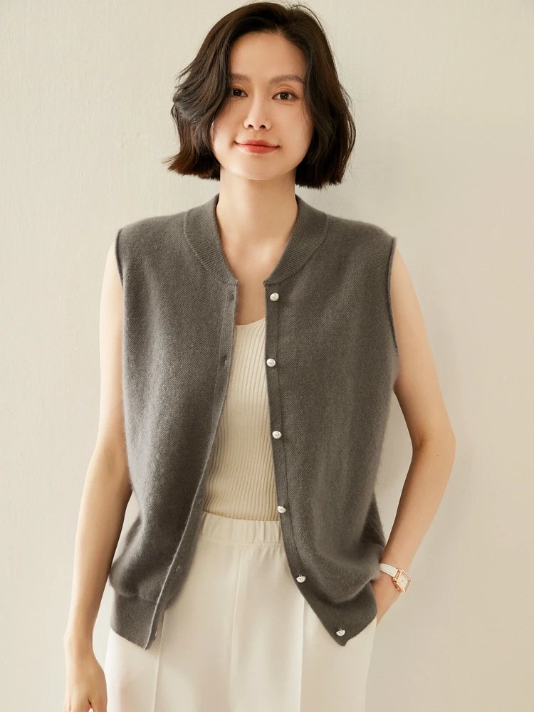 New Women's 100% Cashmere Waistcoat Sweater Baseball Collar Sleeveless Cardigan Autumn Winter Pearl Buttons Vest Sweater Tops