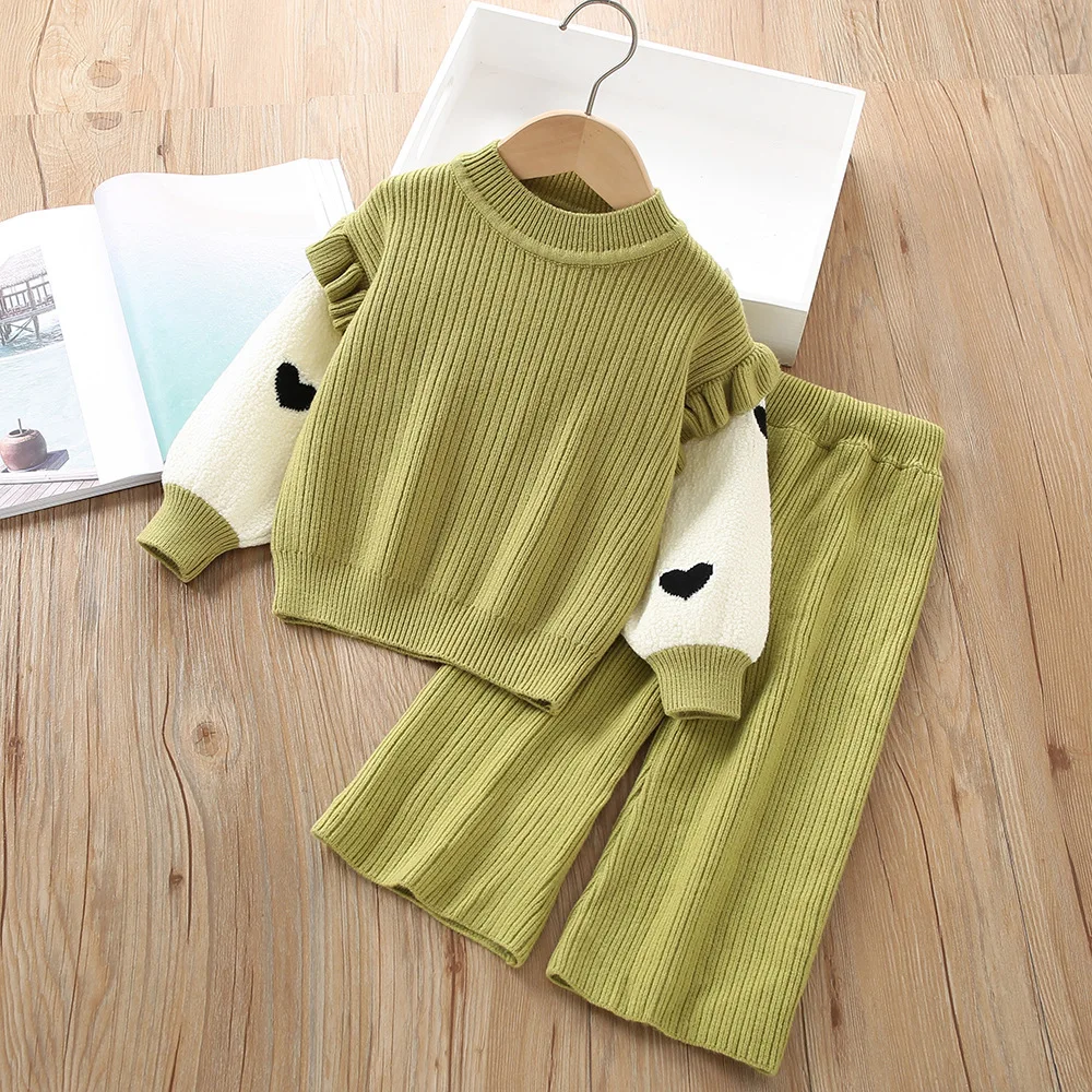 Spring Autumn 1-6Y Girls 2PCS Clothes Set Spliced Heart Embroidery Kids Girls Fake Two Sweater Knitted Girls Wide Leg Pants Suit