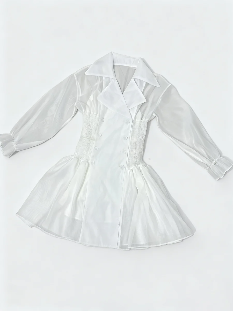 TWOTWINSTYLE 솔리드 슬리밍 스플라이스드 더블 브레스티드 미니 드레스 여성용 라펠 긴 소매 패치워크 러플 드레스 여성 신상