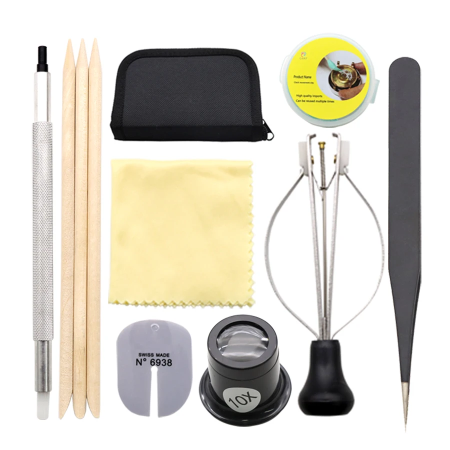 時計修理ツール、10 in 1 ツールセット、時計の針の取り付けと取り外し、保護とクリーニング、虫眼鏡