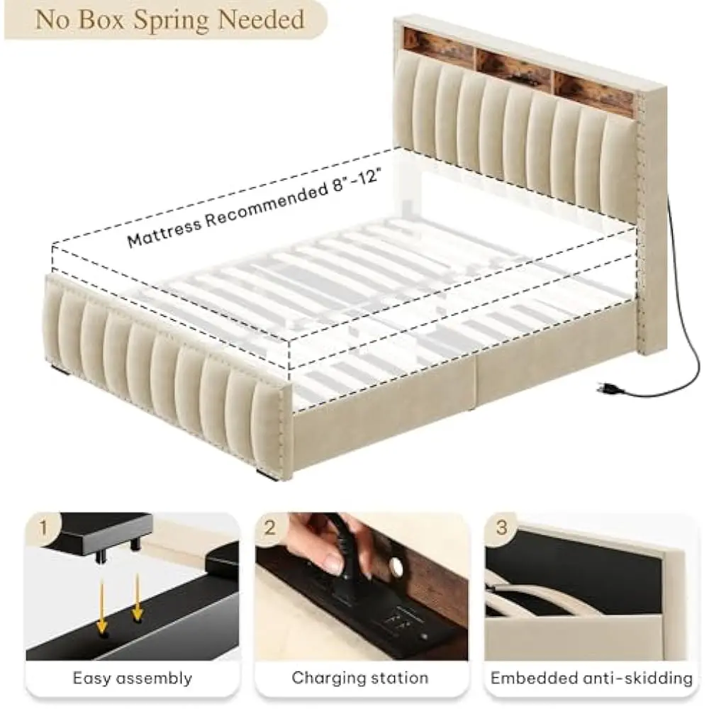 LED-Bettgestell in voller Größe mit 4 Schubladen und RGB, Plattformbett und Ladestation und Kopfteil mit Stauraum, kein Boxspringbett erforderlich