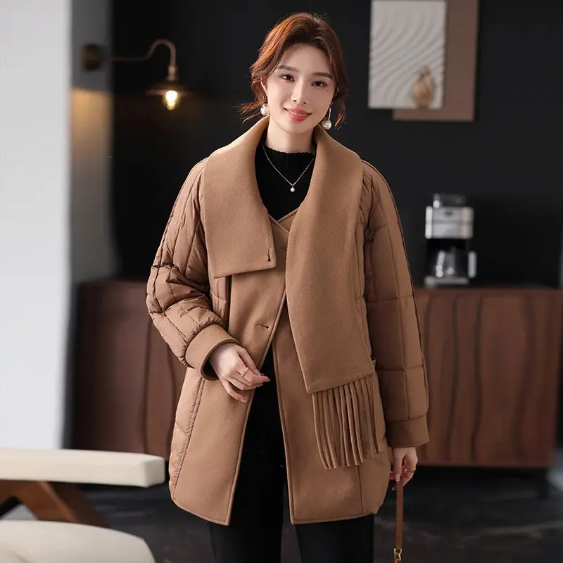 

Winter New Women's Down Cotton Jacket Loose Commuting Warm Scarf Collar Cotton Jacket