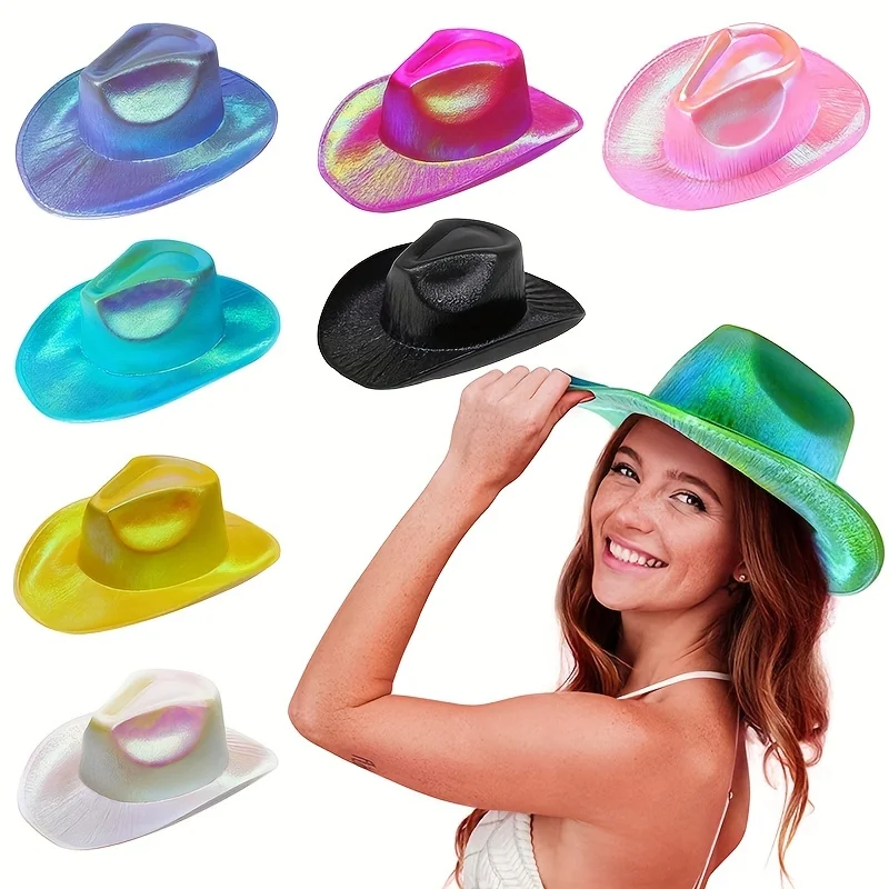 6pcs/set Party Y2K Cowboy Hats Trendy Shiny Glitter Jazz Fedoras Cap Candy Color Hip Hop Cowgirl Hat For Women & Men