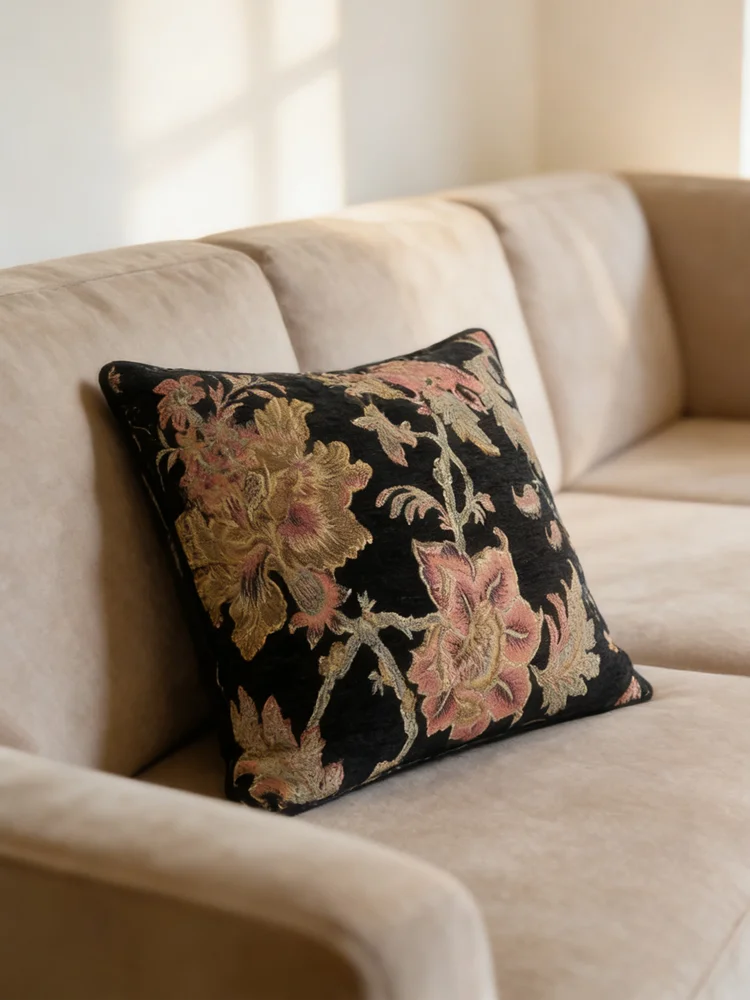 

Black Floral Embroidery Decorative Pillow Car Tiger Chair Back Cushion 45x45cm Sofa American Style Vintage Design Square Shape