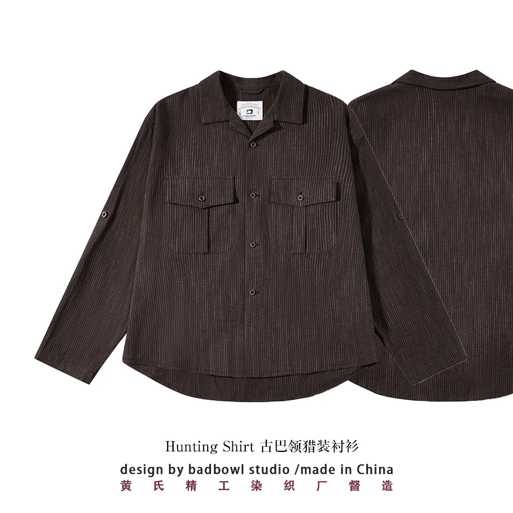 Men's American Retro Cuban Lin Shirt Early Spring Original Hunting Jacket 100% Cotton Yarn-dyed Washed Casual Retro Style