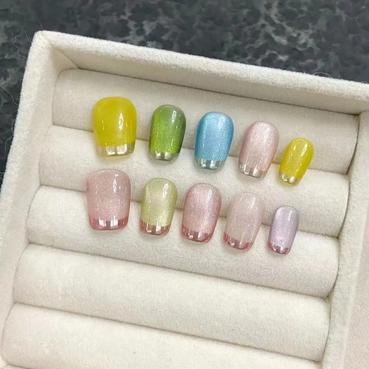 10pcs Handmade Fake Nails Colorful Cat Eye With French Design False Nail For Women Manicure Nail Decoration Korean Press On Nail