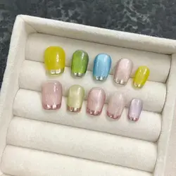 Uñas postizas hechas a mano para mujer, 10 piezas, Ojo de Gato colorido con diseño francés, manicura, decoración de uñas, prensa coreana