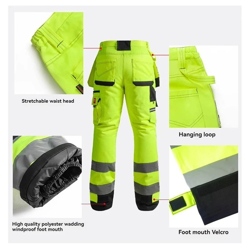 Pantalones de trabajo reflectantes con rodilleras, pantalones de trabajo de invierno para hombres, pantalones de alta visibilidad cálidos y gruesos para construcción