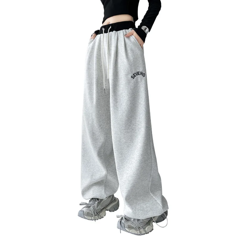Calças de perna larga cinza das mulheres verão de secagem rápida ajuste relaxado refinado doce juventude romântico férias calças macias highstreet harajuku