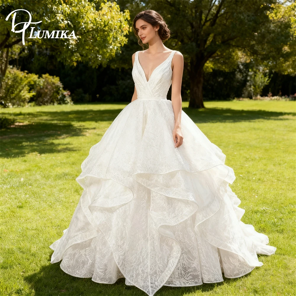 

DTLumika Princess Tiered Lace Wedding Dress for Women, V Neck Ball Gown Bride Dresses Customized Size Plus Women Bridal Gown