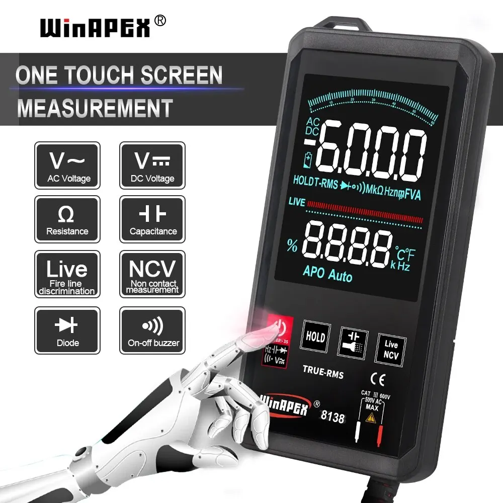 WinAPEX 터치 스크린 6000 카운트, True RMS 디지털 멀티미터, 자동 측정 전압 라이브 와이어, NCV 주파수 테스터