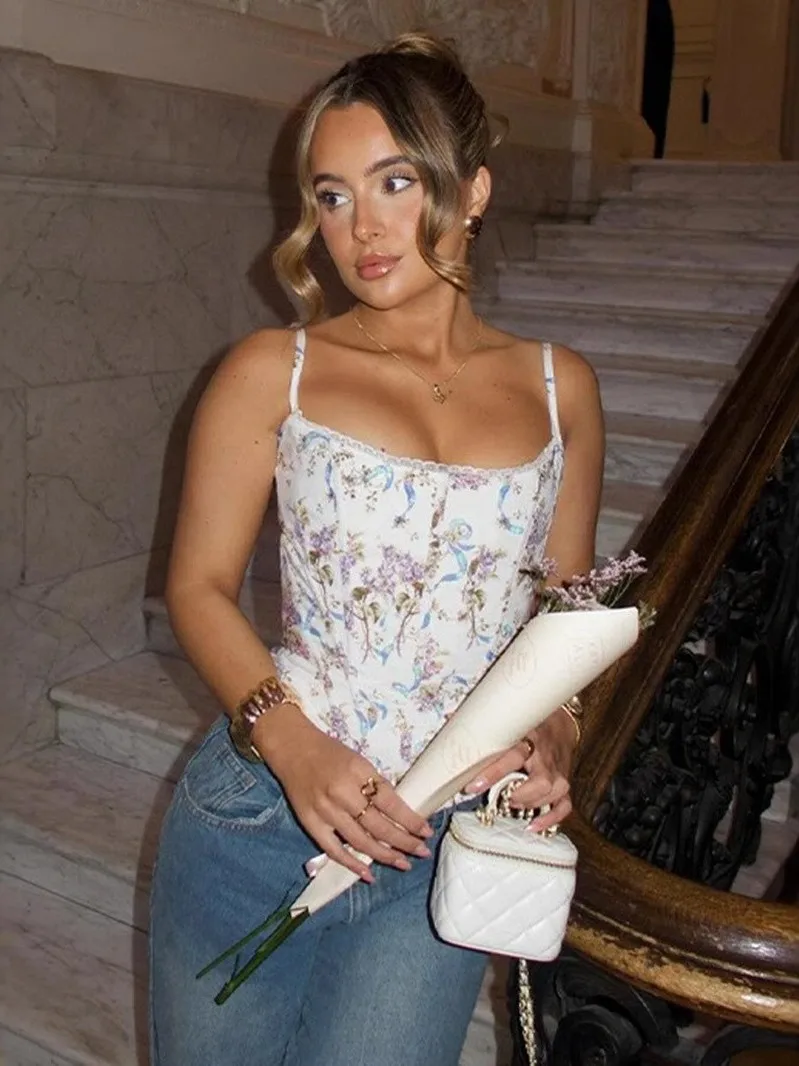 مثير الخصر Cinching سليم صالح المرأة سترة Strapl ort طول الأزهار طباعة المحملة خلات الألياف ملابس داخلية بواسطة غير معروف B... #4