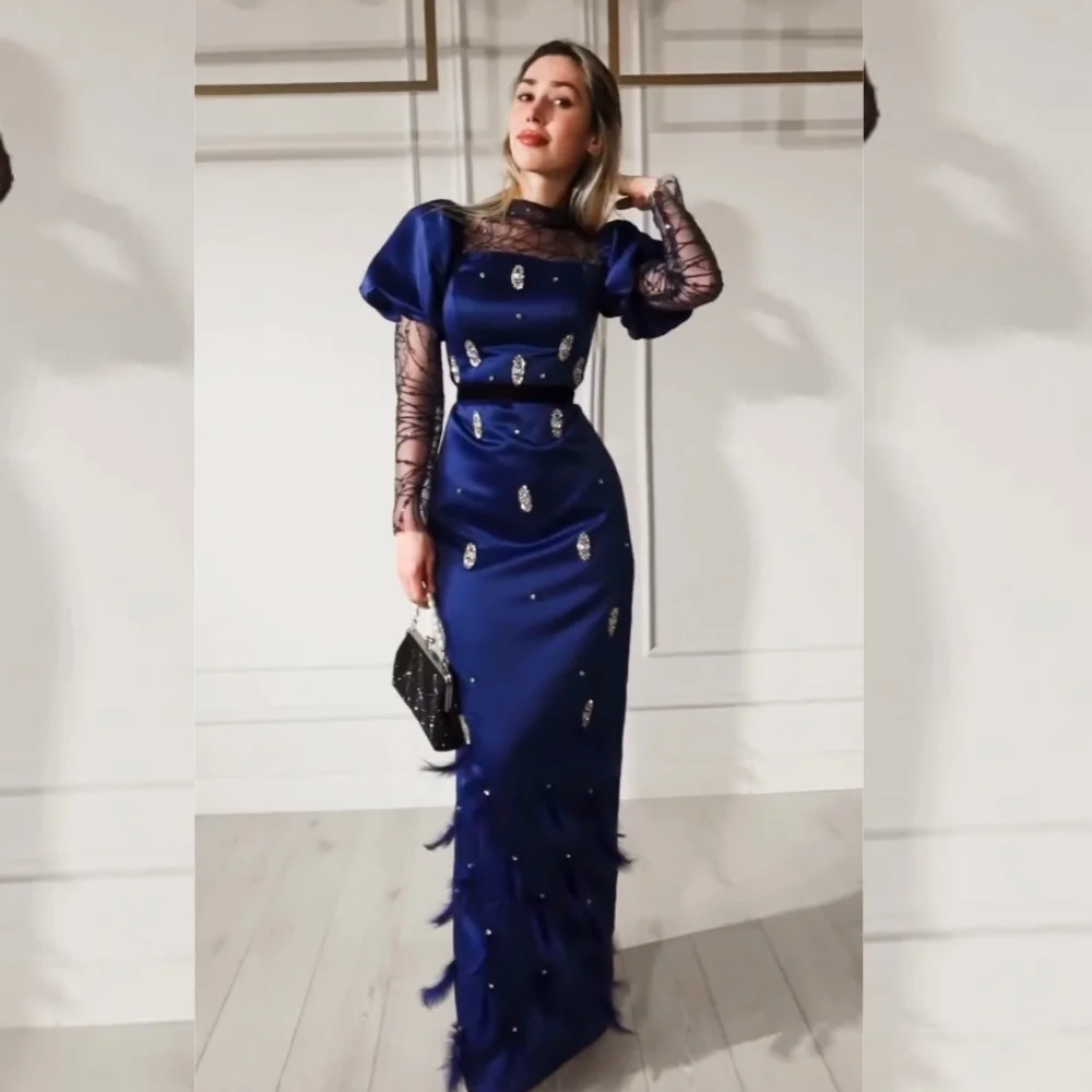 Vestido Midi de satén con lentejuelas y cuentas, traje fruncido de plumas para fiesta, cuello alto, a medida