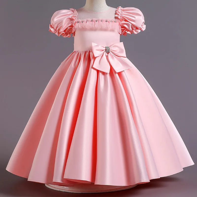 

2023 New Children's Dress Princess Dresses Girls Gown Toddler Bubble Sleeve Silk Bow Cute Wedding Birthday Party Girl Clothing