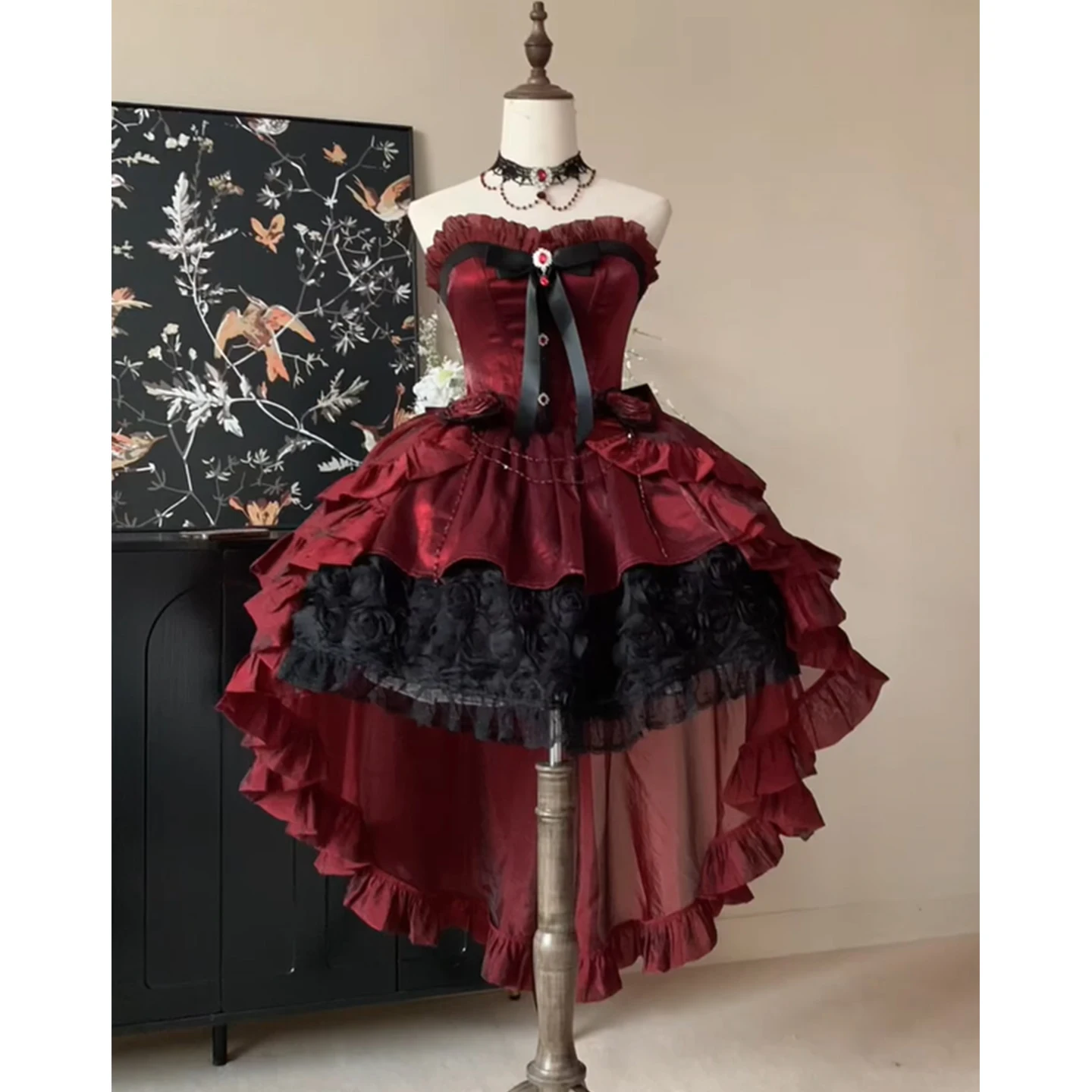 Robes de princesse gothiques rétro élégantes, sans manches, épaules dénudées, nœud, fleur 3D, chaîne de perles, taille haute, Mini robe moelleuse Lolita pour femmes