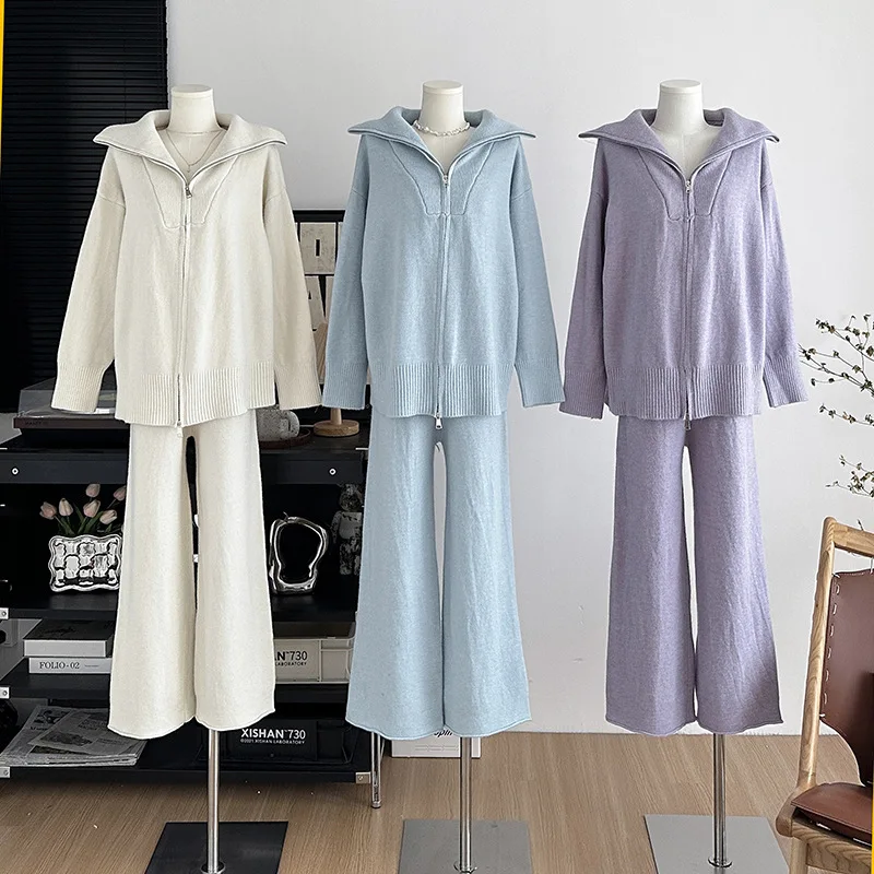 Women Sweater Thick Suits Zip Loose Style Pullover With Wide Leg Pants Two Piece Sets Tracksuits Ladies Winter Clothes