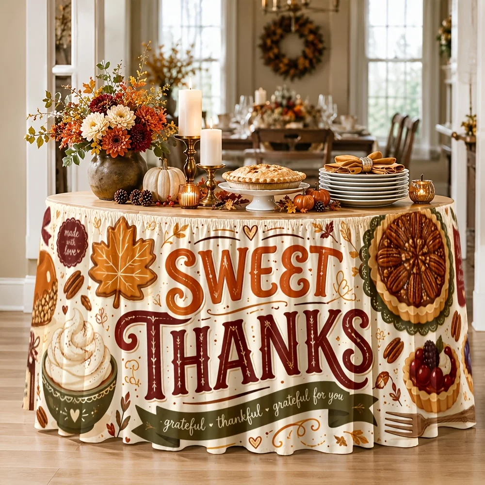 One tablecloth. Sweet gratitude. Autumn Harvest Festival dinner party kitchen decoration. Thanksgiving.