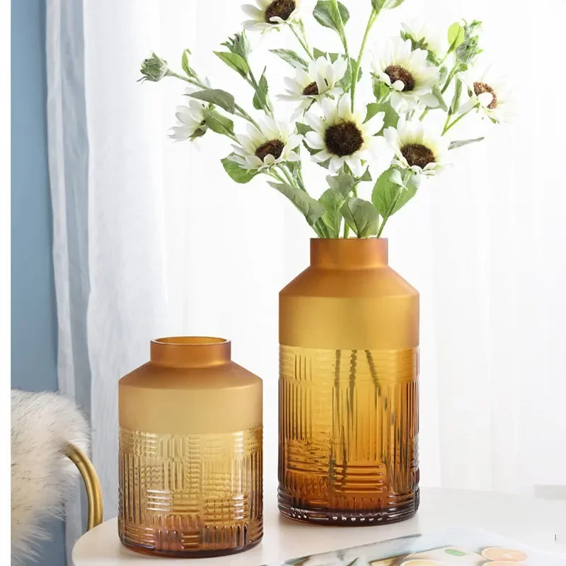 Modern Relief Matte Glass Vase Transparent Desktop Two-piece Suit Flower Arrangement Fake Flowers Home Decoration Supplies