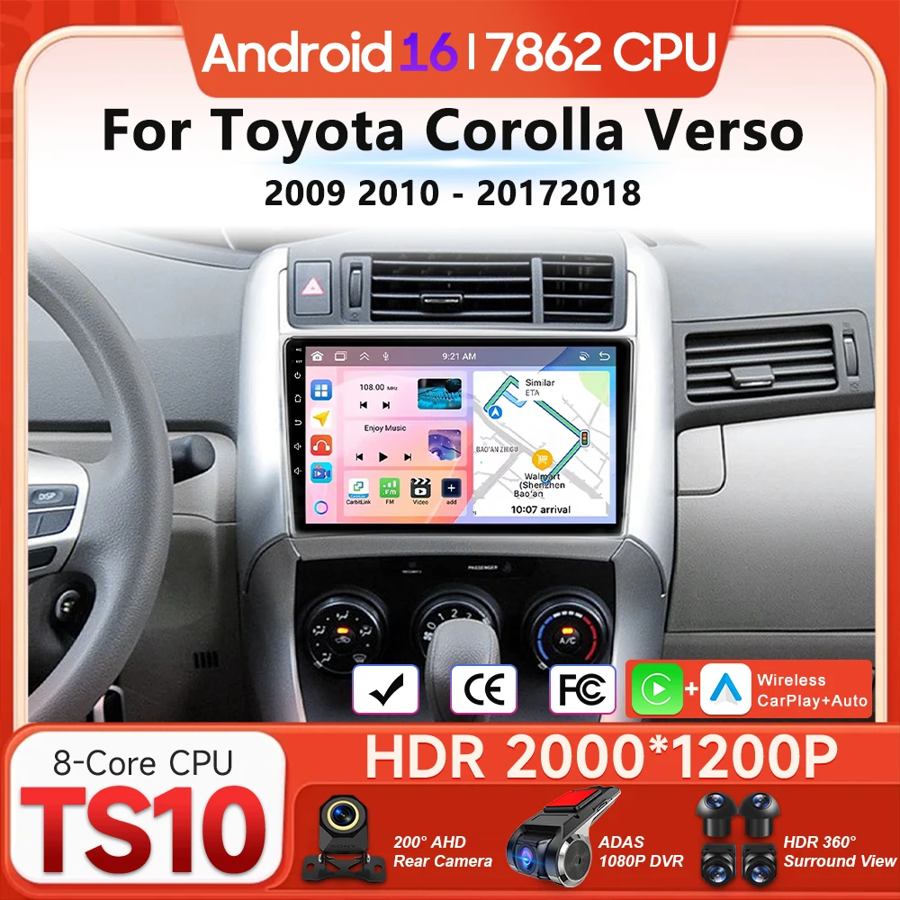 

Android 16 для Toyota Corolla Verso 2009-2018, аудиоэкран, автомобильная магнитола, видеоплеер, мультимедиа, Carplay, навигация GPS, 2din, Wi-Fi