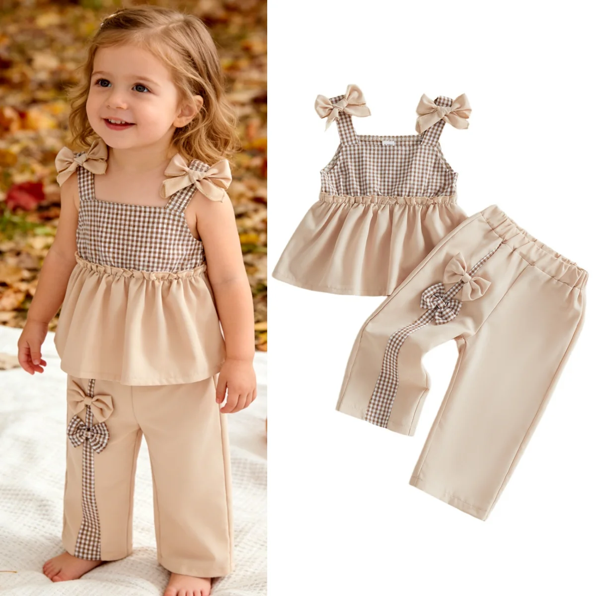 0-3Y Toddler Girl Summer Outfits Plaid Patchwork Bow Tank Tops Elastic Waist Long Pants 2 Pcs Set